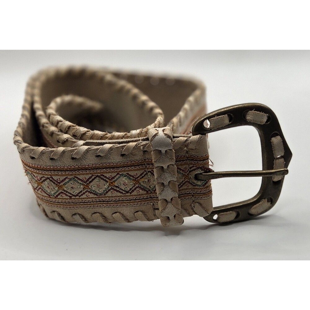 VTG Boho Leather Belt Embroidered Woven Fabric Fabric Brass Buckle Size 30 35"